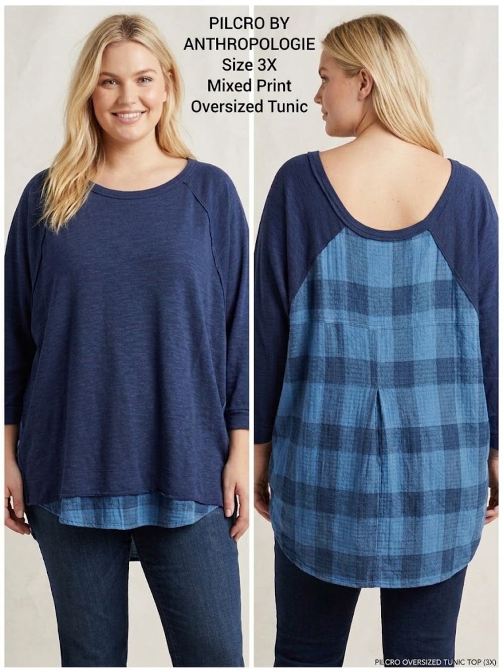 Pilcro Anthropologie Tunic Top - Mixed Print - Blue Plaid -3X Oversized - V Neck